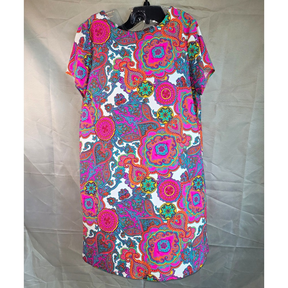 Jude Connally Multicolor Paisley Knit Shift Stretch Short Sleeve Dress Size L